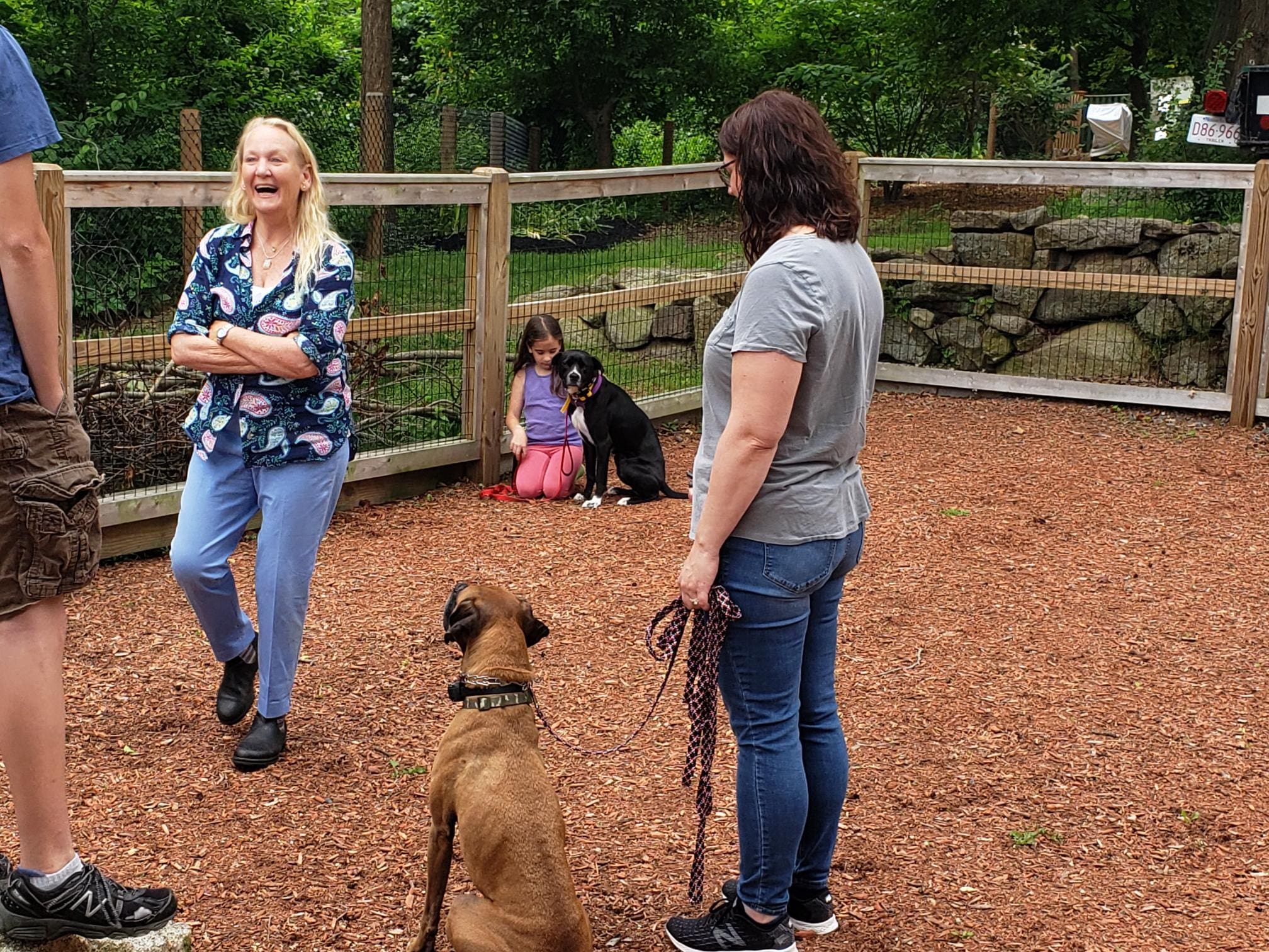 blonde woman smiling while training family with their dog in a fenced area. little girl sits with black dog against fence.